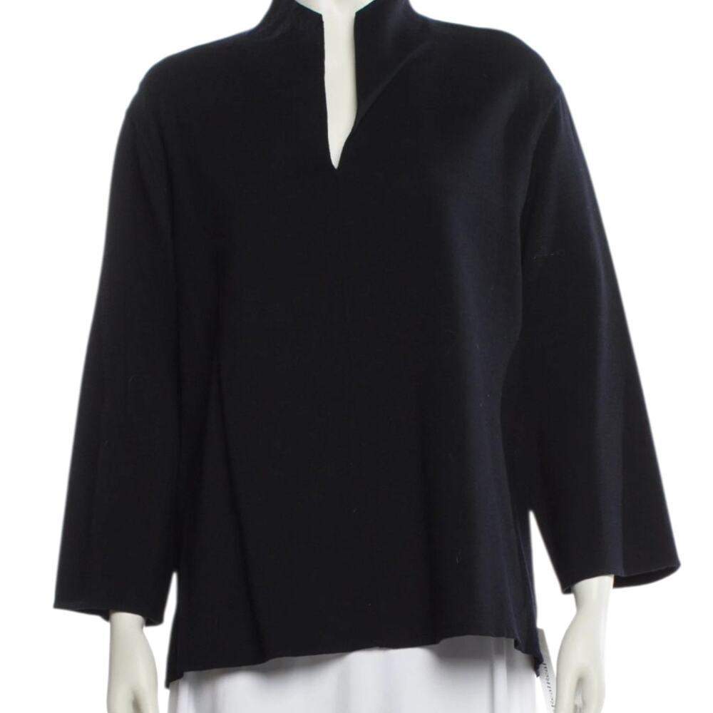 Women's Ann Mashburn Black Wool Blend Blouse 3/4 Sleeves V-Neck Large